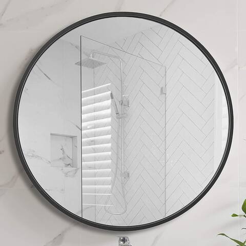 Kinger Home Black Aluminum Round Wall Mirror 32 inch Vanity Mirror