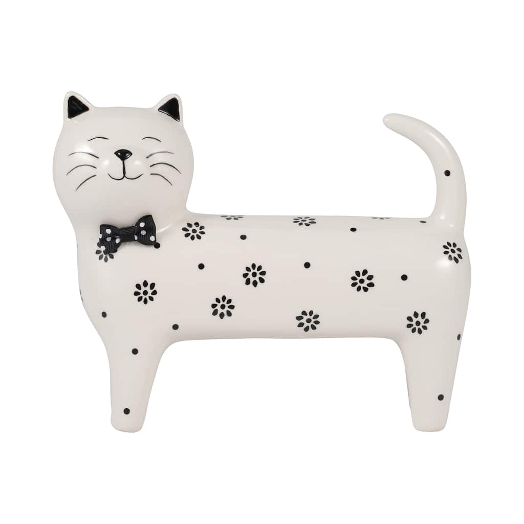 Sagebrook Home Ceramic White Novelty Daisies Cat, Accent Piece Sculpture Home Decor Collectible
