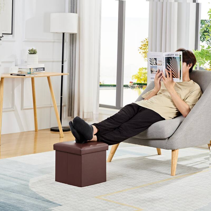 2 PC Storage Folding Ottoman, Storage Footrest Stool, Faux Leather Storage Bench Cube with Padded Seat for Small Space