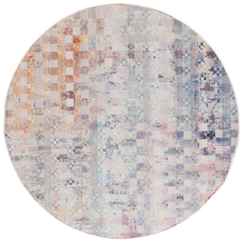 SAFAVIEH Rainbow Carey Indoor/Outdoor Boho Waterproof Patio Backyard Rug - 6'7" Round - Blue/Gold