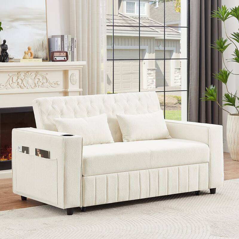 61.41" Chenille Convertible Sofa Bed with Adjustable Backrest, USB & Cup Holders