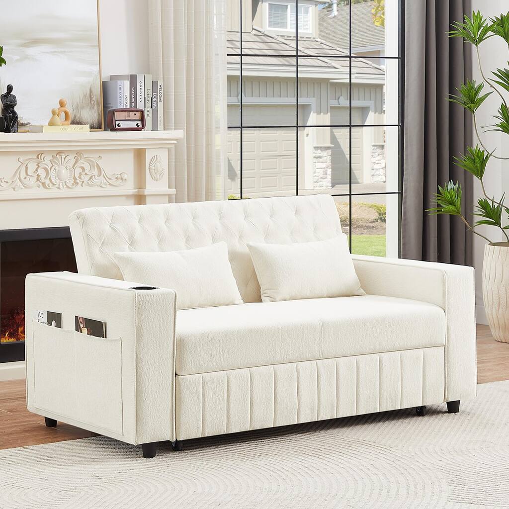Chenille Pull-out Sofa Bed Convertible Couch, Loveseat Sofa with Adjustable Backrest, Storage Rack, Cup Holders, USB Ports