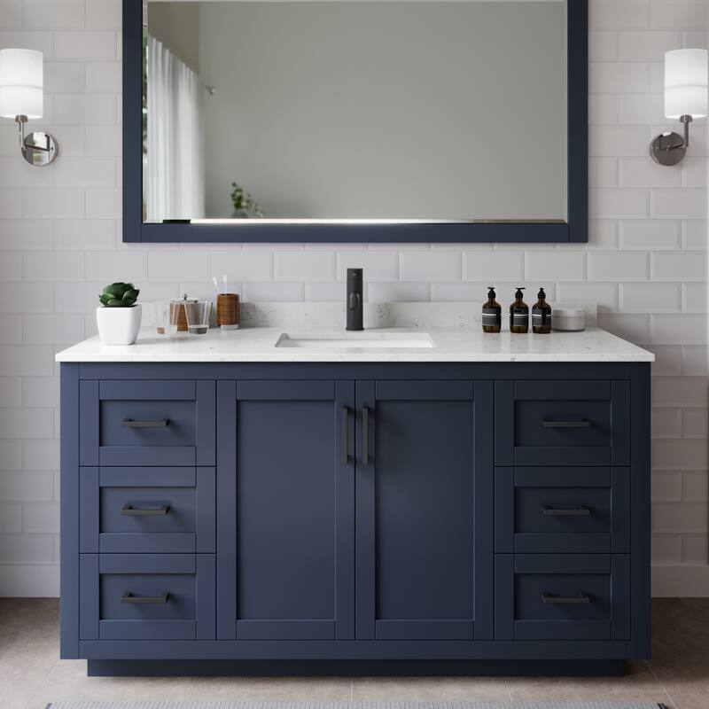 Wyndham Collection Miranda 60" Free Standing Single Basin Vanity Set - Dark Blue / Carrara Cultured Marble Top / Matte
