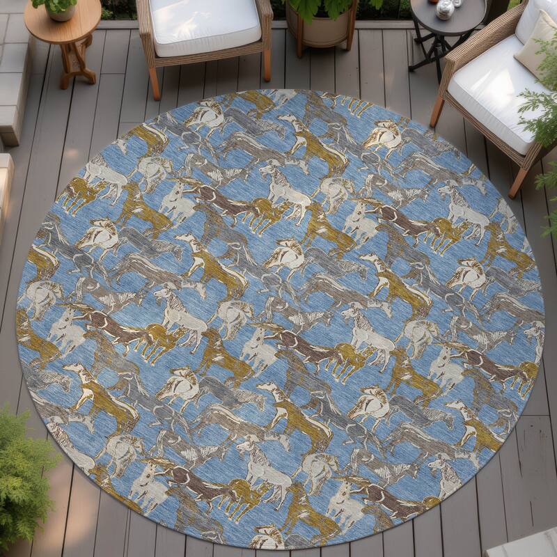 Machine Washable Indoor/ Outdoor Horse Herd Chantille Rug - Denim - 8' x 8'