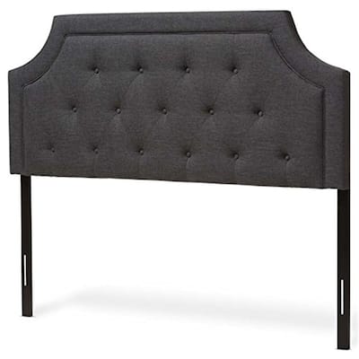 Dark Grey King Fabric Upholstered Headboard with Button Tufting, Cut-Out Corners, Adjustable Wood Posts