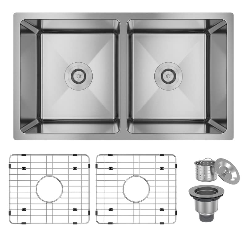 31 in. Undermount Double Bowl 18 Gauge Stainless Steel Kitchen Sink with Bottom Grid and Basket Strainer, cUPC Certified