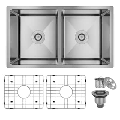 31 in. Undermount Double Bowl 18 Gauge Stainless Steel Kitchen Sink with Bottom Grid and Basket Strainer, cUPC Certified