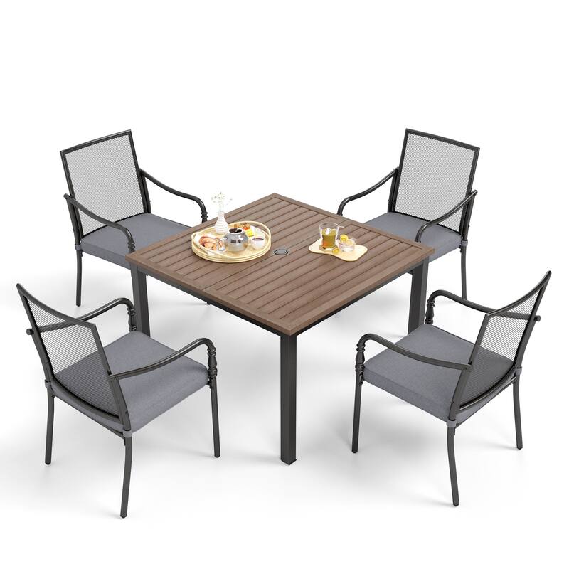 MAISON ARTS 5-Piece Patio Dining Set, Square Brown Metal Dining Table and 4 Gourd Head Shape Armrest Chairs