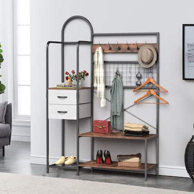 Lakyah Industrial 6-in-1 Hall Tree with Entryway Bench and Drawers Rustic Brown