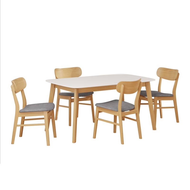 Modern Dining Set with Rubberwood Table and 4 Upholstered Chairs, Dark Grey Ergonomic Chairs with Padded Seat - Dark Grey White Oak