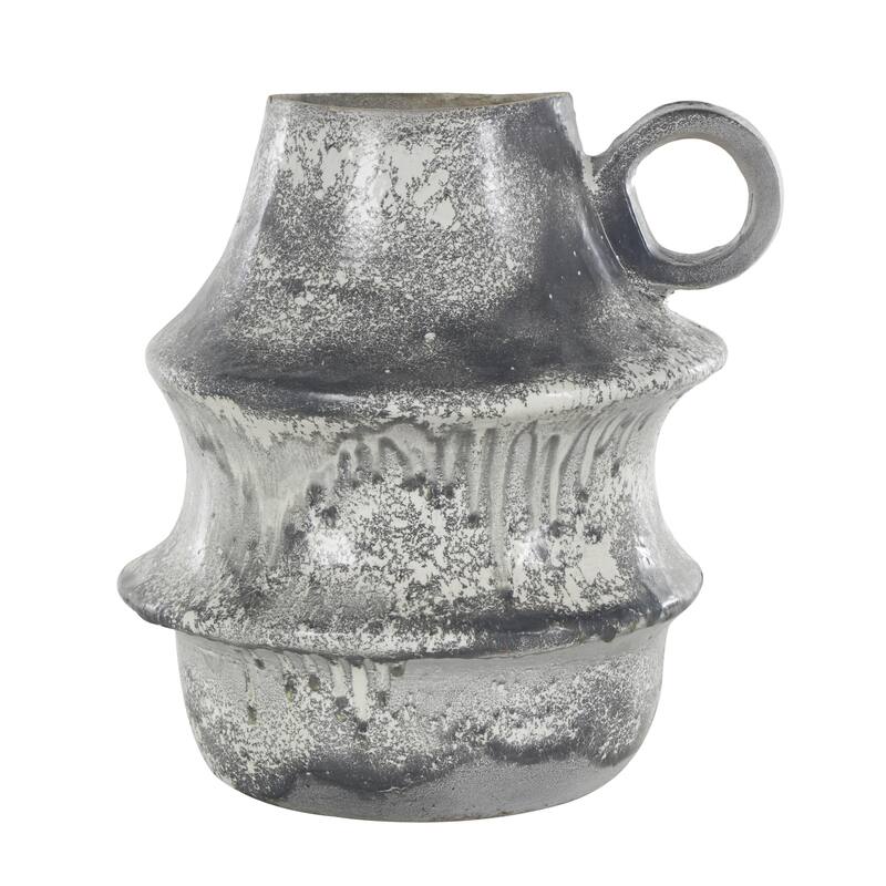 Light Gray Paper Mache Distressed Fluted Decorative Vase with Light Gray Texturing and Ring Handle