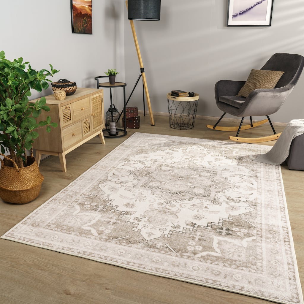 Vintage Designer Rug Bordered with Faded Oriental Look