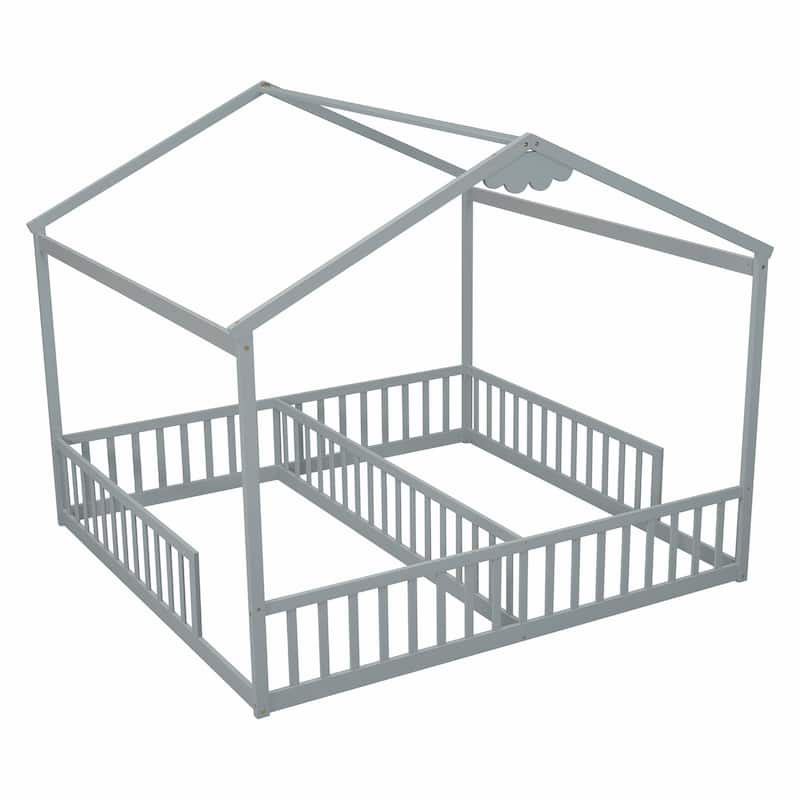 Double Twin House-Style Floor Bed with Fence and Guardrails, No Door