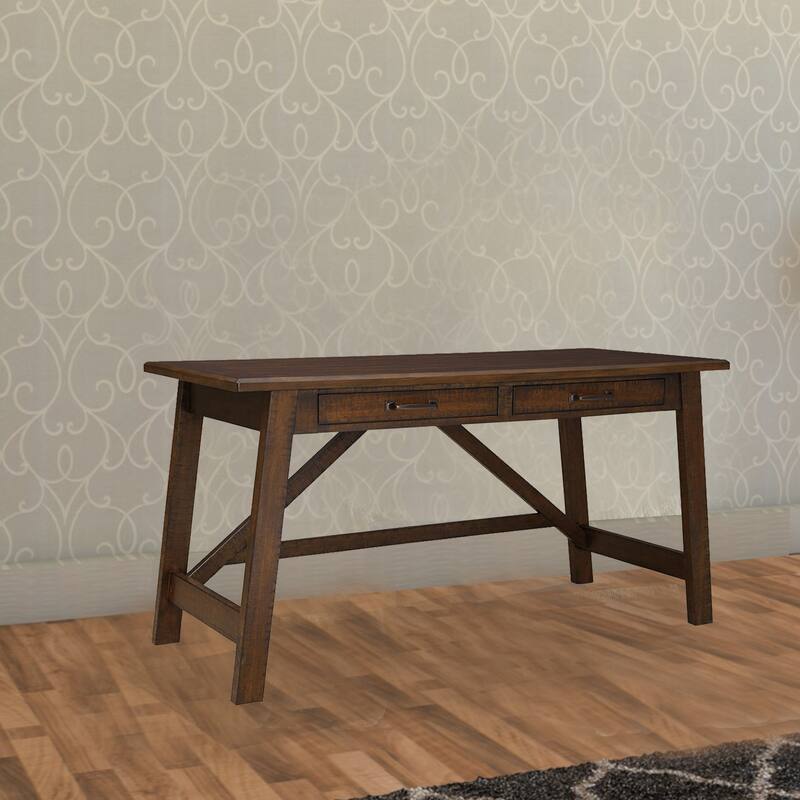 Two Drawers Wooden Desk with Cross Stretcher Brace Design, Large, Brown