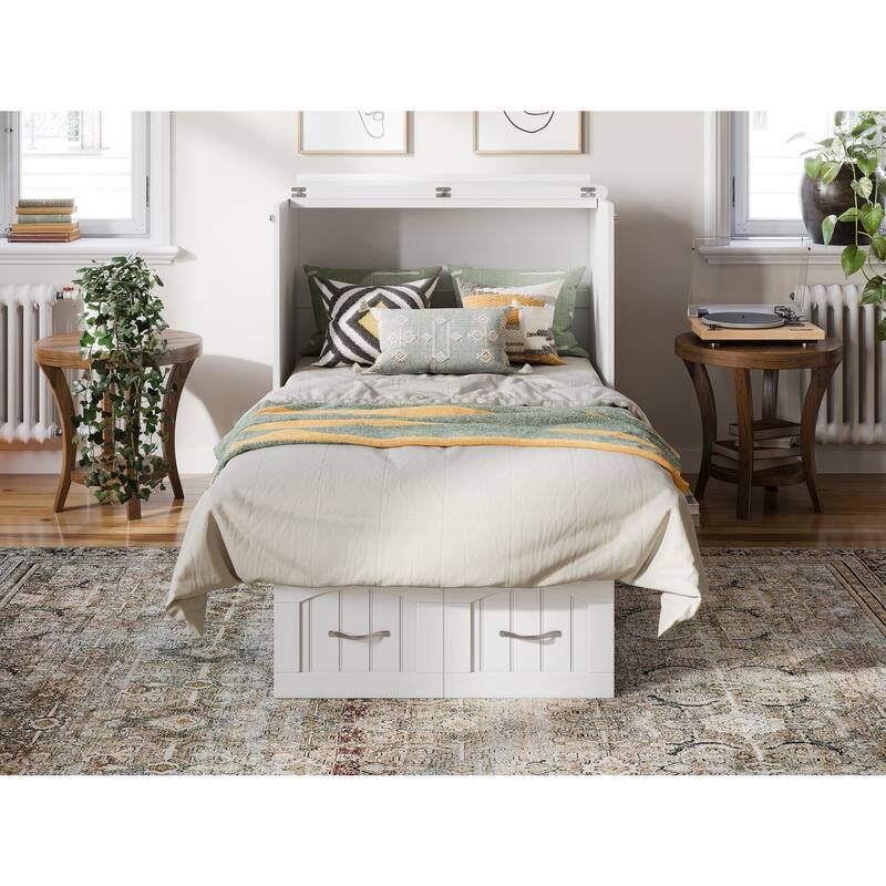 Twin Murphy Bed Chest with Storage Drawer and Charging Station, White Finish, Elegant and Functional Design