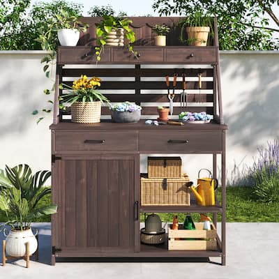 Brown Fir Wood Potting Bench - 5-Drawer Garden Workstation with Slatted Back Panel & Storage Cabinet