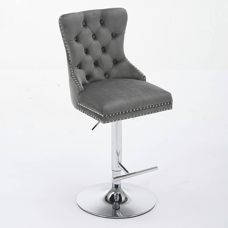 2PCS Swivel Adjustable Height Tufted Bar Stools With Silver Leg