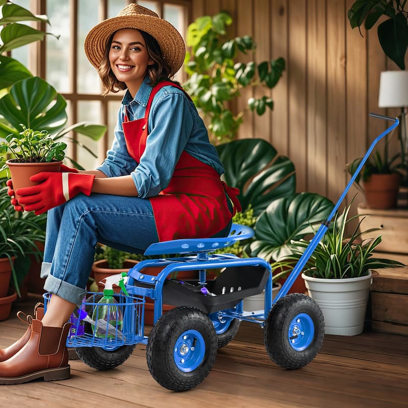 Gymax Rolling Garden Cart Scooter w/ Adjustable Seat Storage Basket