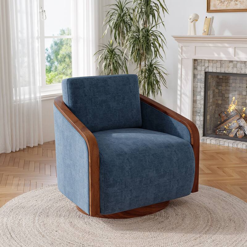 Upholstered Swivel Barrel Chair with Curved Wood Arms - Navy