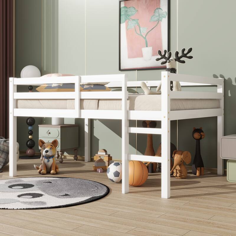 Solid Rubberwood Loft Bed Frame with Ladder, Guardrails and Underbed Storage Space - Low Height Design for Kids and Teens