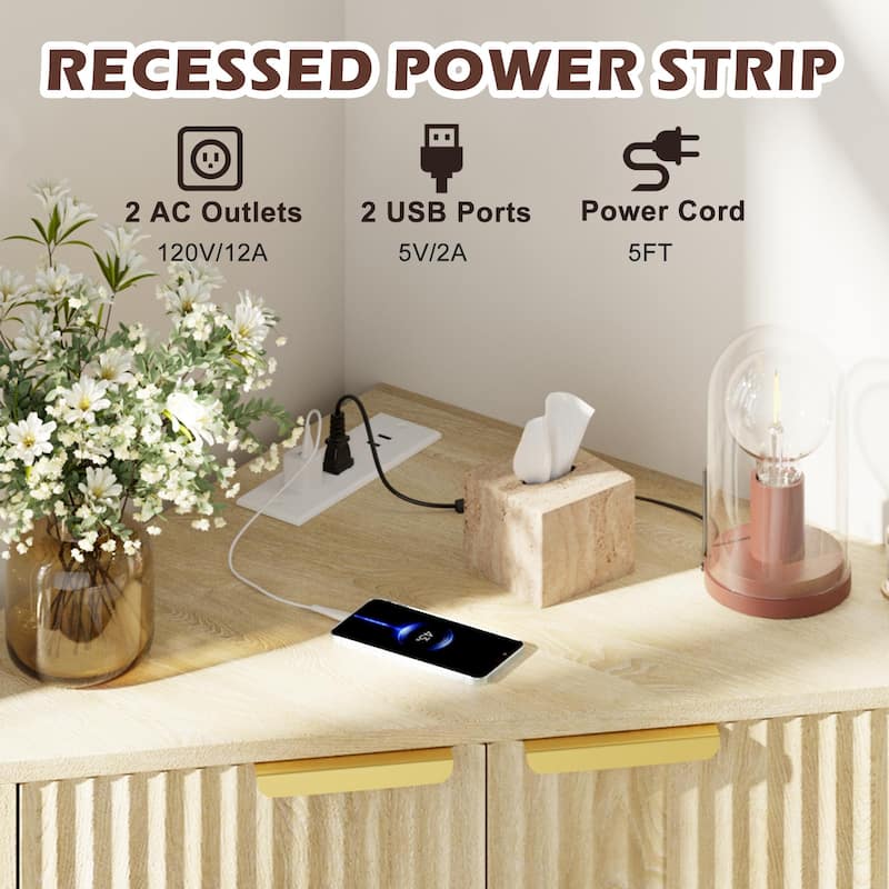 EROMMY Fluted Wood Corner Storage Cabinet with Power Strip, Adjustable Shelf, Small Space Corner Unit