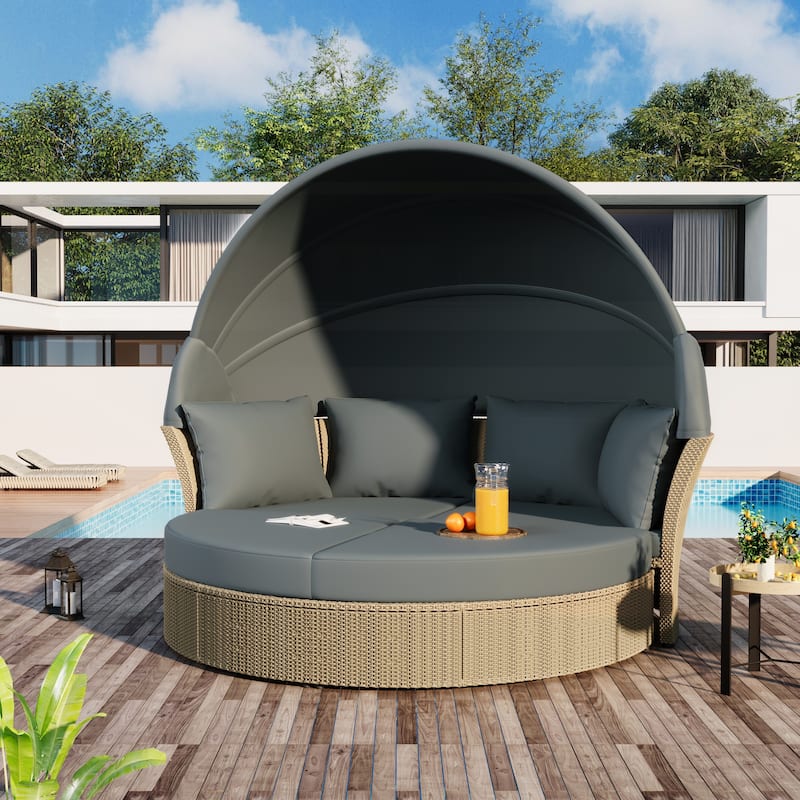 Outdoor Convertible Patio Daybed All Weather Wicker Rattan Round Sofa Furniture Set with Retractable Canopy