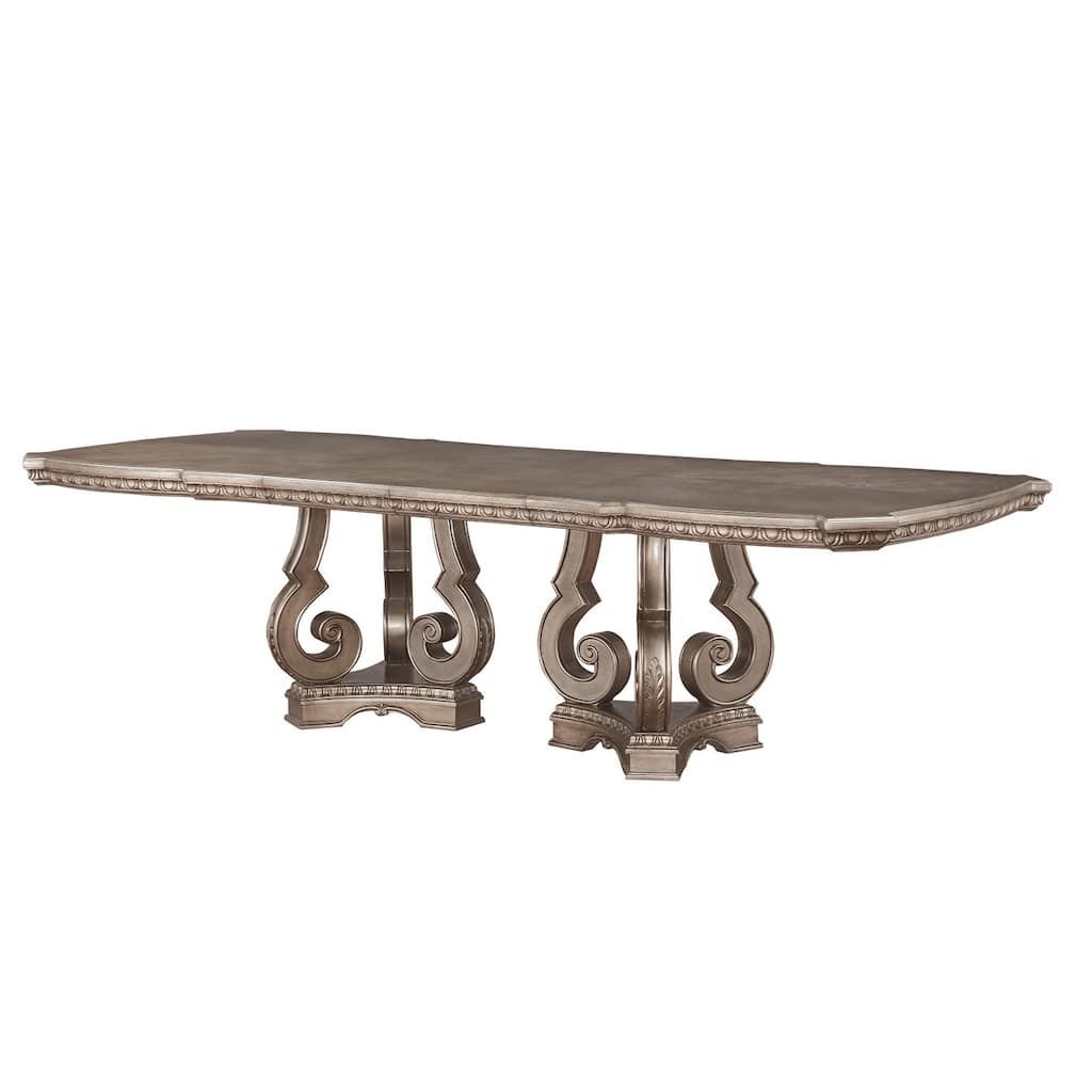 Wooden Extendable Dining Table with Double Pedestal Base, Silver