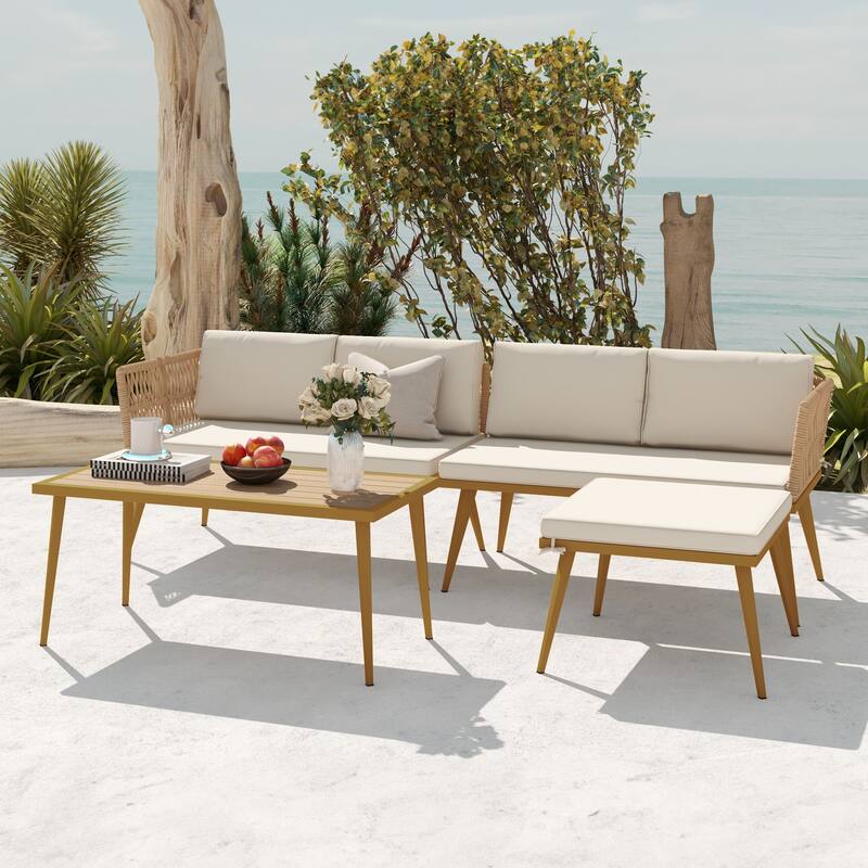 Moasis 4-Piece Outdoor Patio Conversation Set Wicker Sectional L-Shaped Sofa with Cushions and Side Table