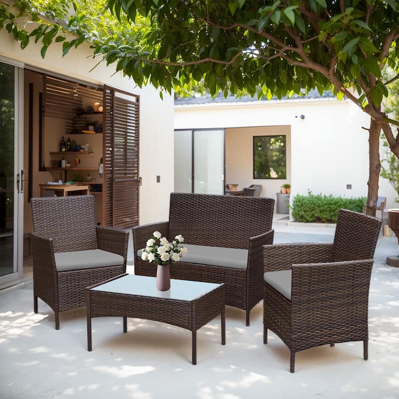 4 Piece Outdoor Patio Furniture Set With Cushions, Patio Wicker Conversation Set & Glass Coffee Table