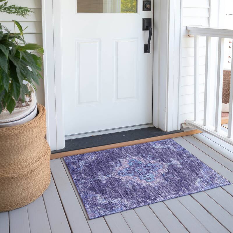 Machine Washable Indoor/ Outdoor Traditional Tabriz Chantille Rug - Purple - 1'8" x 2'6"