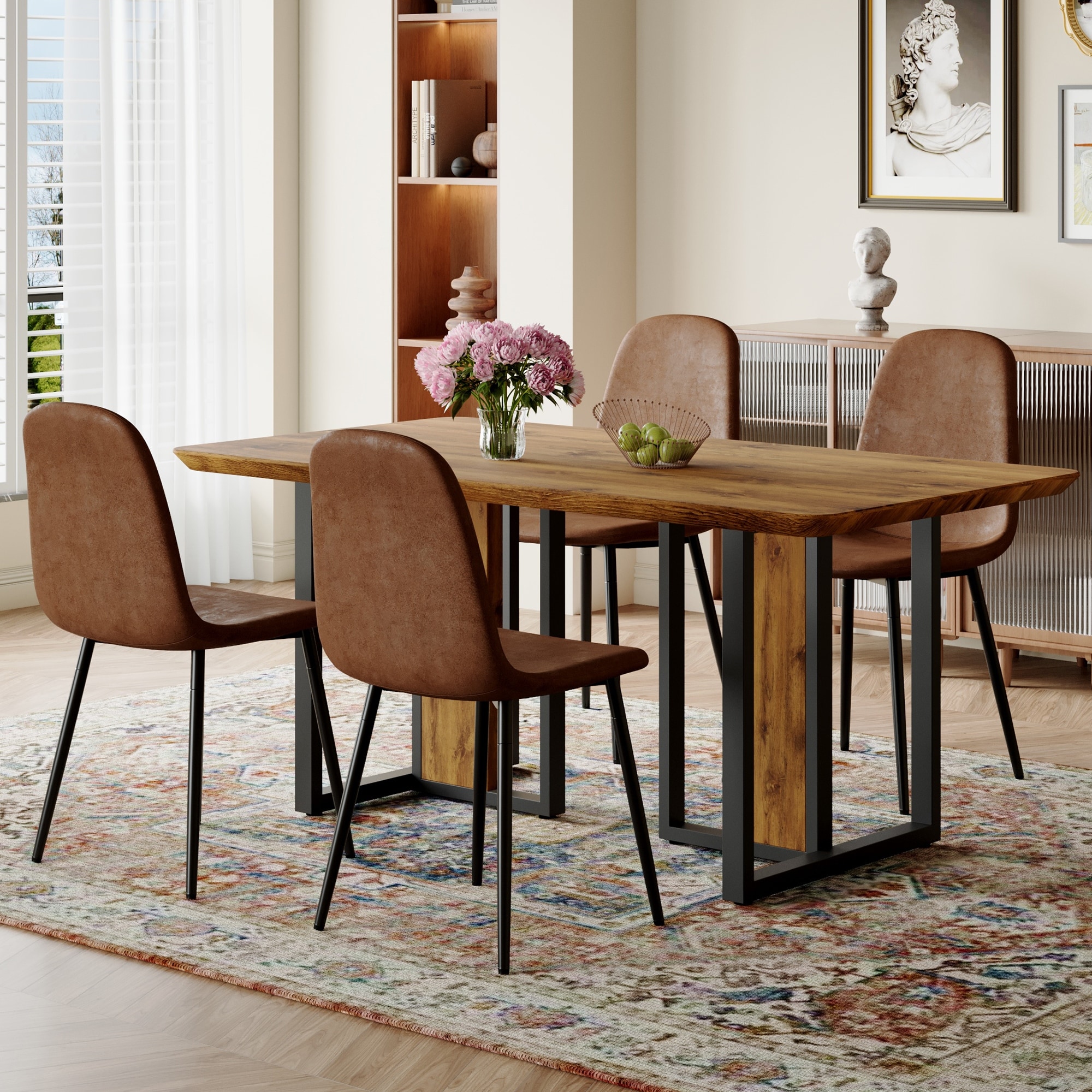 Retro Wooden Dining Table and Dining Chairs with Metal Legs Bed
