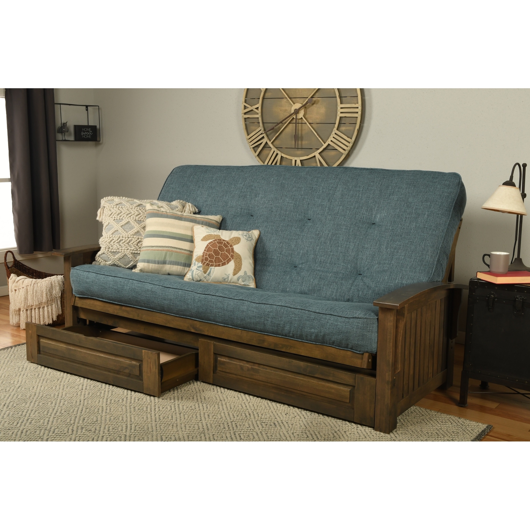 Somette Washington Queen-size Storage Futon Set in Rustic Walnut with Linen Mattress