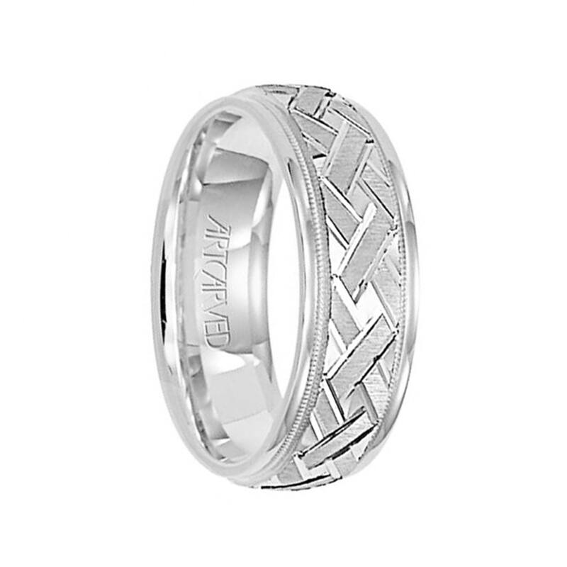 Intrigue 14k White Gold Wedding Band Brushed Finish Engraved Diagonal Crossed Center Milgrain Rolled Edges By Artcarved 7 Mm Overstock 19760267