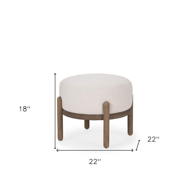 HomeRoots 22" Cream and Brown Solid Wood and Upholstered Round Pouf Ottoman