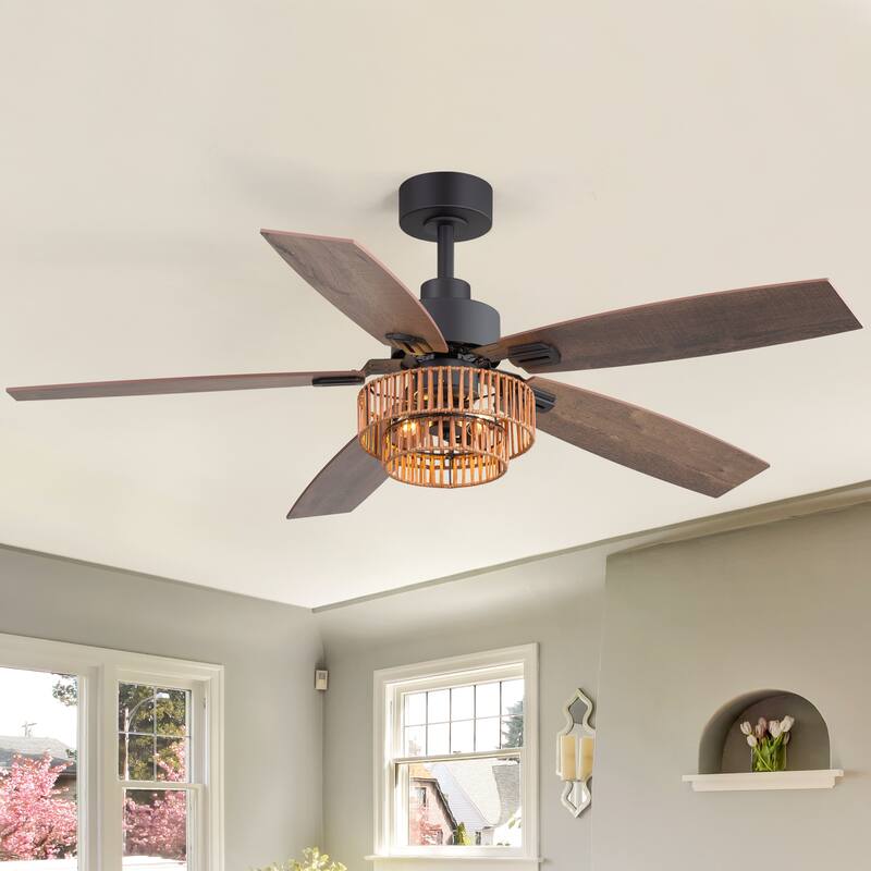 52-inch Farmhouse Ceiling Fan with Light and Remote(5 Reversible Blades）