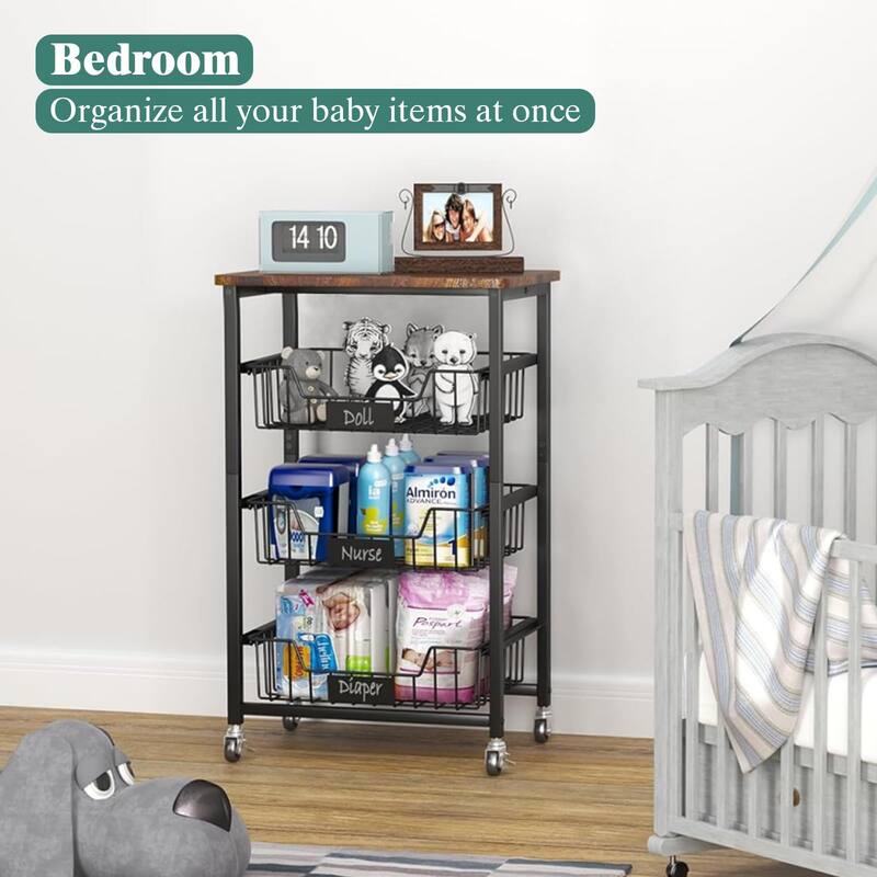 4-Tier Vegetable Fruit Basket Kitchen Storage Rolling Cart on Wheels with Pull-Out Baskets and Wood Top