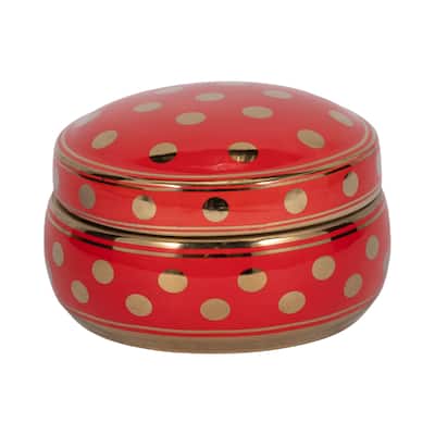Sagebrook Home 13448-07 Ceramic Covered Dotted Jar, Red/Gold Ceramic, 7 X 7 X 3.75 Inches - 7" x 7" x 3.75"