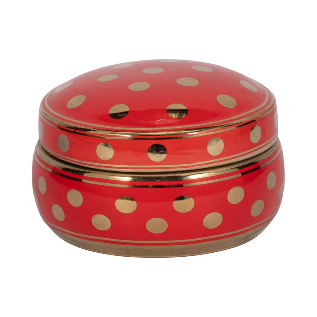 Sagebrook Home 13448-07 Ceramic Covered Dotted Jar, Red/Gold Ceramic, 7 X 7 X 3.75 Inches - 7" x 7" x 3.75"