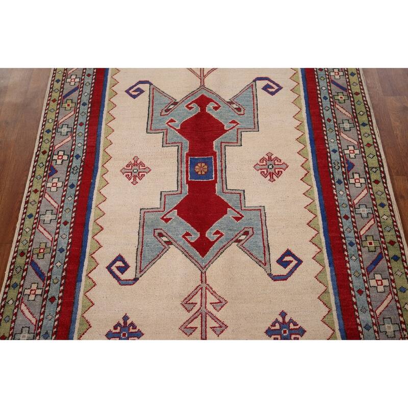 Ivory Geometric Kazak Oriental Area Rug Hand-Knotted Wool Carpet - 4'1" x 5'11"