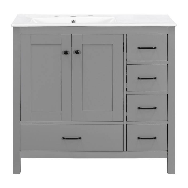 36'' Bathroom Vanity with Ceramic Sink Combo, Modern Bathroom Vanity Cabinet with 2 Soft Close Doors and 5 Storage Drawers