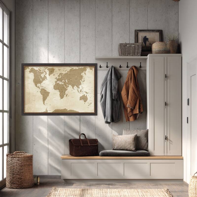 Amanti Art Framed Fabric Pinboard Antique Style World Map by Inner circle Printed Bulletin Board - Board Size 36 x 24