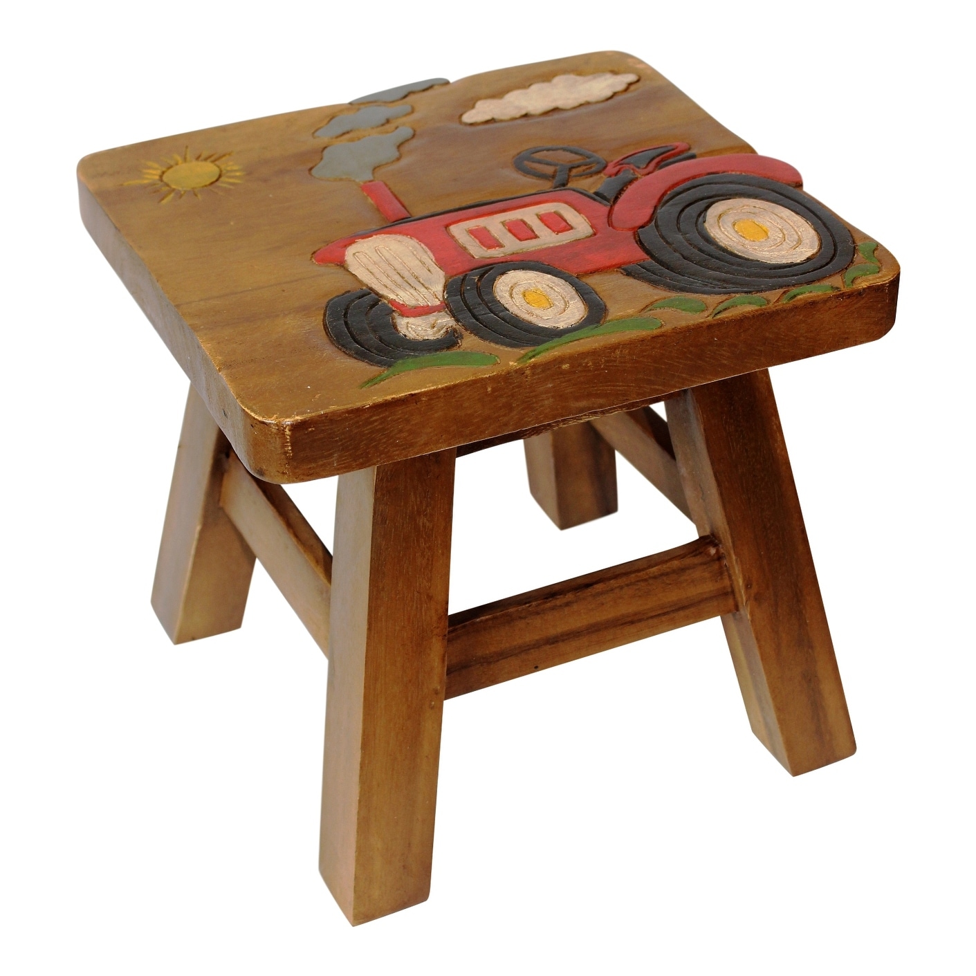 Farmers Red Tractor Carved Stained Wood Step Stool Painted Design