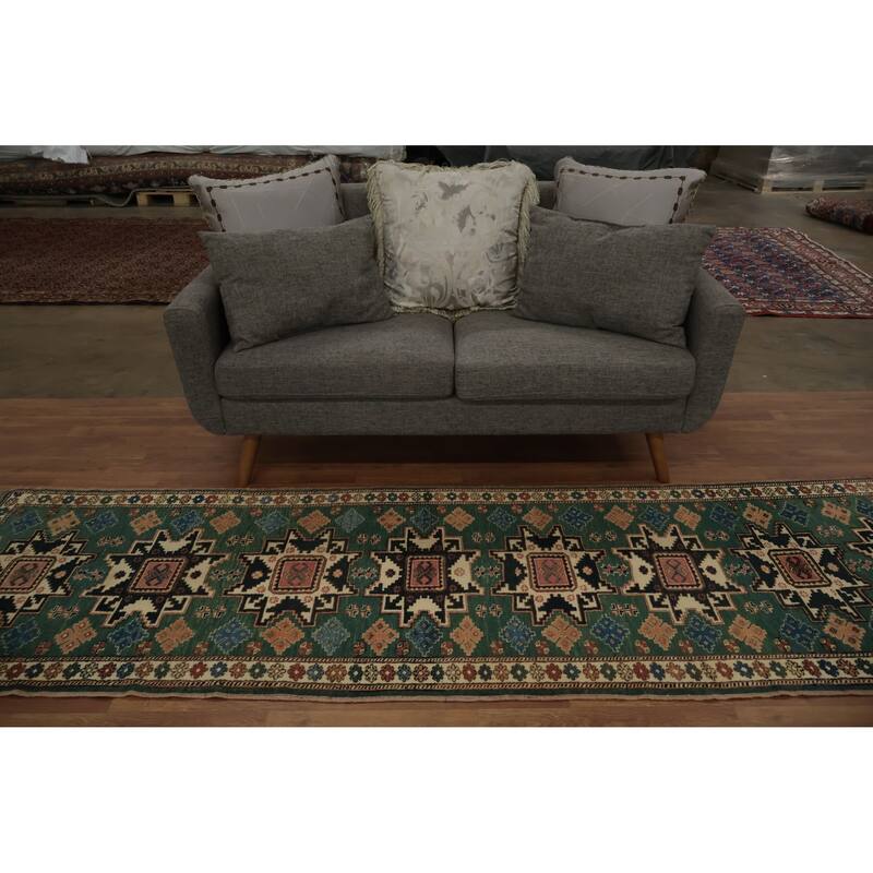 Hand Knotted Oriental 100% Wool Carpet Traditional Geometric Green Super Kazak Runner Rug - 9' 8'' X 2' 9''