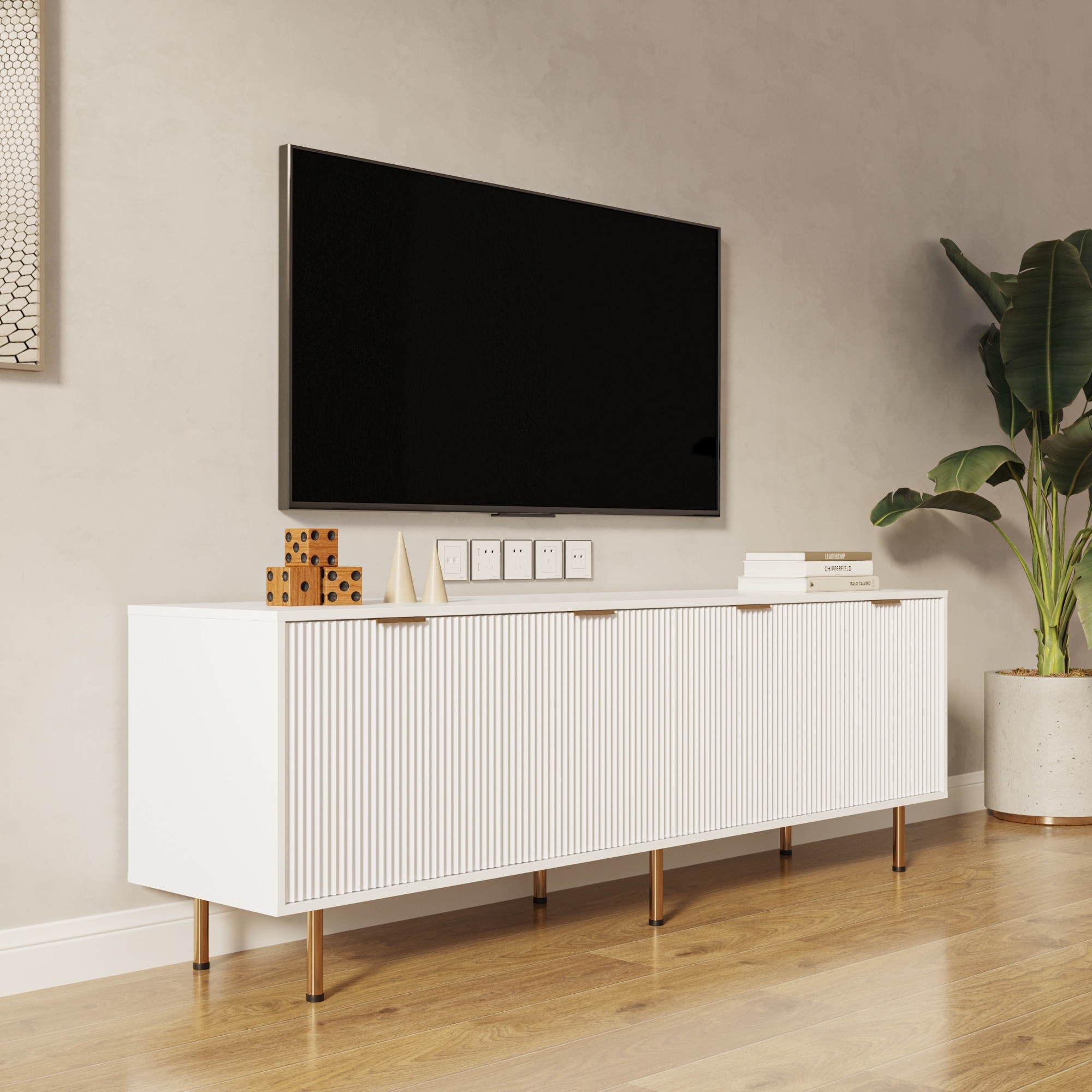 Modern TV Stand Media Storage Cabinet for up to 80" Televisions, White