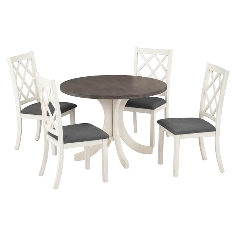 Roomfitters Mid-Century Solid Wood 5-Piece Round Dining Table Set with Upholstered Chairs for Small Spaces
