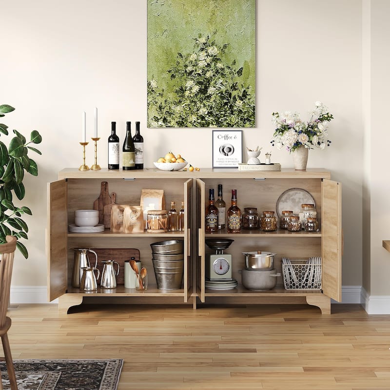 62 Inch Rattan Sideboard Buffet Cabinet, 4-Door with Shelves