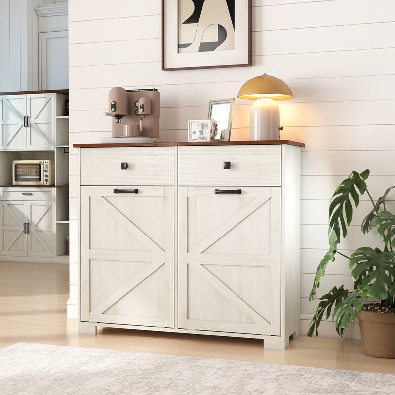 GDFStudio - Amelia Farmhouse Double Tilt Out Trash Cabinet with Hidden Storage and Barn Door Charm - 20 Gallon