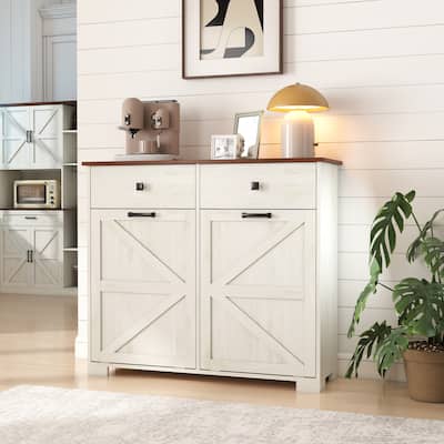 GDFStudio - Amelia Farmhouse Double Tilt Out Trash Cabinet with Hidden Storage and Barn Door Charm - 20 Gallon