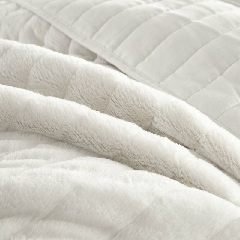 Beaute Solid Faux Fur Quilted Comforter Set,3-piece Reversible lightweight Shaggy Blanket Coverlet Bedding Set