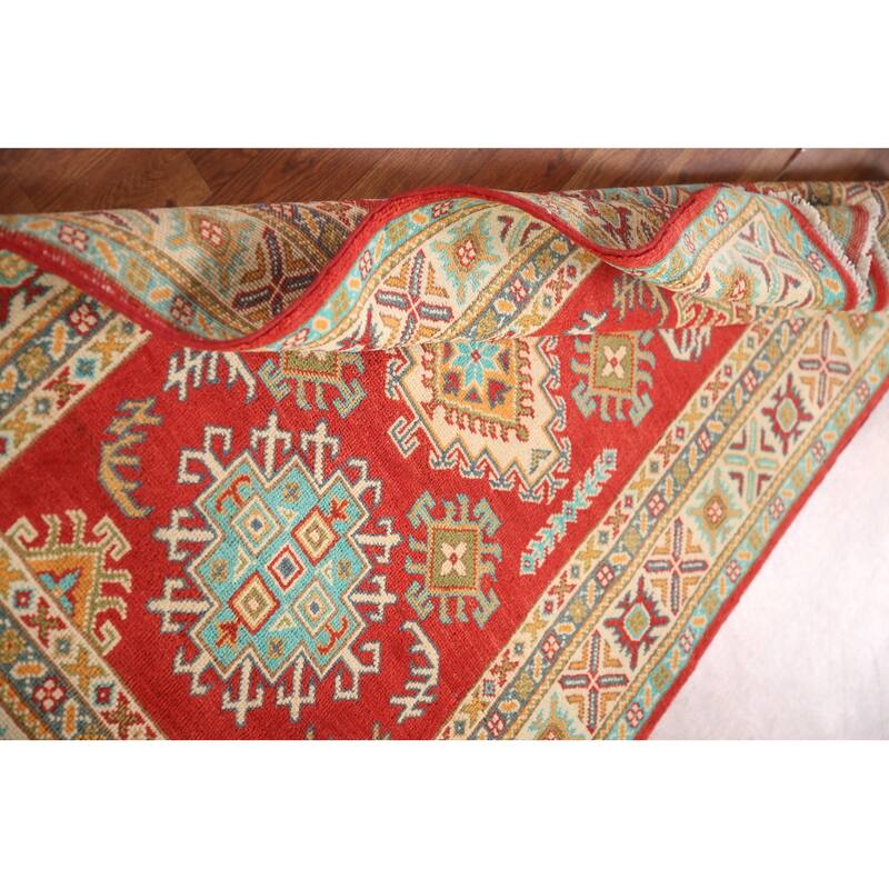 Kazak Rug Hand-Knotted Geometric Red Wool Carpet - 3'3"x 4'10"